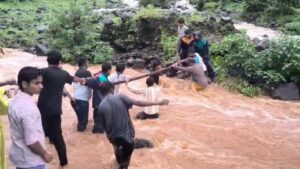 माहूरच्या धबधब्यात पर्यटक अडकले; स्थानिकांनी मानवी साखळी करून थरारक सुटका, व्हिडिओ व्हायरल